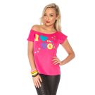 Ladies hot pink I Love the 80s off-shoulder t-shirt with multicolor graphic