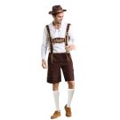 Adult mens brown lederhosen costume with embroidered suspenders and alpine hat