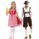 Adult couple wearing Oktoberfest costume with lederhosen, dirndl dress and gingham apron