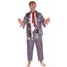 Adult zombie office worker costume with bloodied grey suit and striped tie