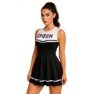 Adult black and white cheerleader costume dress with CHEER print and pleated skirt