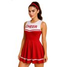 Adult womens red cheerleader costume dress with white CHEER lettering and pleated skirt