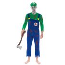 Mens undead game character jumpsuit with distressed hems and yellow suspender buttons