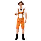 Adult mens orange lederhosen costume with white shirt and brown suspenders for Oktoberfest
