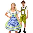 Adult couple wearing lime green dirndl and lederhosen Oktoberfest costume set