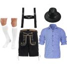 Adult Bavarian lederhosen costume with black embroidered shorts and gingham shirt