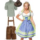 Adult couples Oktoberfest costume with green dirndl dress and brown Lederhosen set