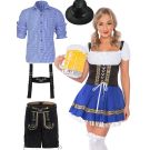 Adult Oktoberfest couples costume set with blue dirndl dress and lederhosen with hat