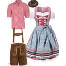 Adult couples Oktoberfest costume set with lederhosen and dirndl in red gingham and brown suede