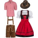 Close-up of embroidered lederhosen detailing and dirndl bodice trim
