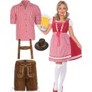 Adult Bavarian couples costume set with red gingham dirndl and lederhosen