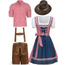 Adult couple wearing matching Bavarian Oktoberfest costumes with lederhosen and dirndl