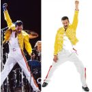 Adult 80s rock star costume with bright yellow military jacket and white striped trousers