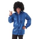 Mens 70s disco shirt in royal blue satin with vertical ruffled placket and black afro wig
