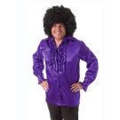 Adult purple satin disco shirt with ruffled placket and wide 1970s collar
