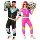 Adult couple wearing matching 80s shell suit costumes with colour-block tracksuits