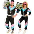 Adult black shell suit costume with neon pink and turquoise panels front view