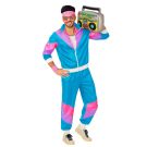 Adult mens 80s shell suit costume in turquoise blue with hot pink and purple color-blocking