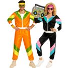 Adult couple wearing matching 80s shell suit costumes with neon color blocking