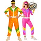 Adults 80s shell suit couples costume with neon colour-blocked tracksuits