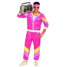 Adult shell tracksuit 80s costume in hot pink with purple and yellow chevron stripes