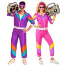 Adult wearing purple and turquoise 80s shell suit tracksuit with geometric color blocking
