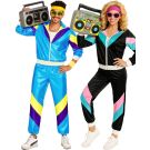 Adult couple wearing matching 80s shell suit costumes in blue and black colourways