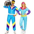 Adult couple wearing matching 80s shell suit costumes in electric blue and hot pink with bold colour blocking