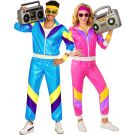Adult 80s shell suit couples costume set with blue mens tracksuit and pink womens tracksuit