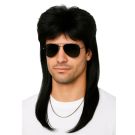 Adult black mullet wig with voluminous crown and long back sections for 80s rock costume