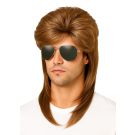 Adult brown mullet wig with teased crown volume and shoulder-length back layers for 80s costume