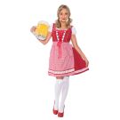 Womens red and white Oktoberfest beer maid costume with gingham apron and lace-up bodice