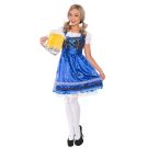 Adult Bavarian beer maid costume with royal blue skirt and black polka dot bodice