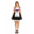 Woman wearing red Oktoberfest dirndl costume with red gingham bodice white apron and black skirt front view