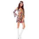 Adult 60s hippie mini dress with daisy print and tan suede fringe