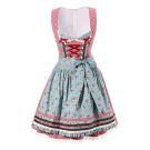 Red and white dirndl dress with decorative lace-up front and blue floral apron