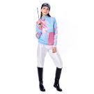 Womens jockey costume with blue and pink racing silks jacket and white trousers