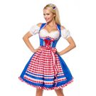 Womens blue Bavarian dirndl costume with red gingham apron and white puffed sleeves