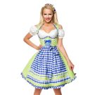 Womens lime green Bavarian beer maid costume with blue gingham apron and white lace trim