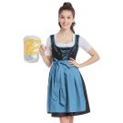 Womens black and blue Bavarian dirndl costume with white blouse and apron bow