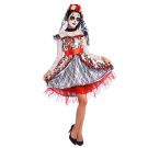 Day of the Dead sugar skull bride costume with white lace dress and veil