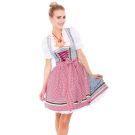Womens Bavarian dirndl costume with blue floral bodice and red gingham apron