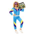 Womens 80s shellsuit costume in cyan blue with purple and yellow panels