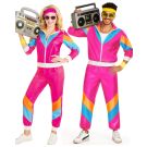 Adult 80s shell suit costume in hot pink with orange and turquoise chevron stripes