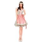 Womens pink Bavarian dirndl costume with white blouse and coral apron