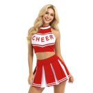 Adult red and white cheerleader costume with CHEER crop top and pleated skirt