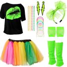 Ladies 80s Costume - Neon Green Lips Tee with Rainbow Tutu and Accessories - alternate view