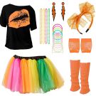 Womens 1980s Costume Set - Neon Orange 80s Outfit with Tutu & Accessories - alternate view
