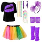 Ladies 1980s Neon Costume Set with Purple Accessories and Rainbow Tutu - alternate view