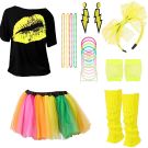 Womens 1980s Neon Party Costume Set with Rainbow Tutu and Yellow Accessories - alternate view